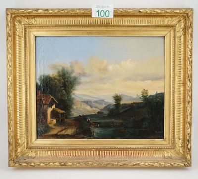 a painting of a landscape with a river and a house in the foreground