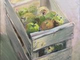 une peinture représentant une boîte en bois remplie de pommes vertes