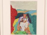 painting of a group of people riding a horse drawn carriage down a road