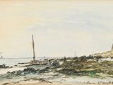 an image of a painting of a lighthouse on a rocky shore
