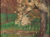 une peinture à l'huile représentant un arbre dans un champ, avec un sentier