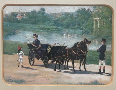 Tableau 20ème Siècle - Parc, Calèche Et Cavaliers - Style 19ème - Peinture à L'huile