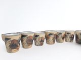 six cups with different designs on them sitting next to each other