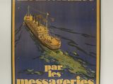 une vieille affiche représentant un bateau flottant sur l'océan, accompagnée d'une légende