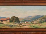 une peinture à l'huile représentant une scène de vie à la ferme avec des vaches qui paissent dans un champ