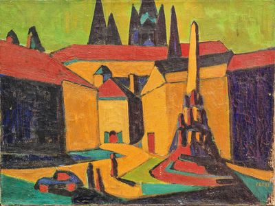 une image représentant une peinture d'un bâtiment jaune avec une tour en arrière-plan