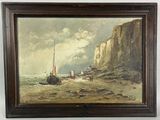 a picture of a painting of a boat on the beach