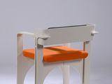 a small white chair with an orange seat on a white surface