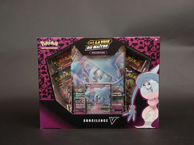 la boîte est ouverte pour montrer le contenu du jeu de cartes Pokémon