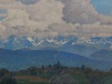tableau représentant une vue sur une chaîne de montagnes avec quelques nuages