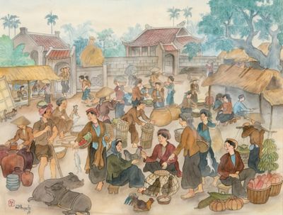 un tableau représentant un groupe de personnes au marché