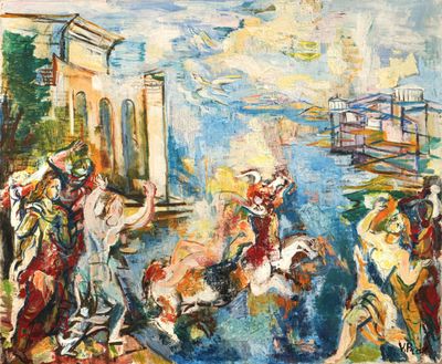 une image d'une peinture représentant un groupe de personnes à cheval