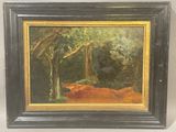an image of a painting of a wooded scene with a red cow