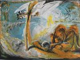 dessin représentant un tableau où l'on voit un homme agenouillé devant un feu