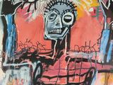 painting of a man with a skull on his head and arms in the air