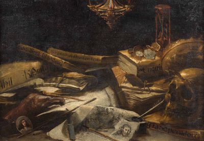une peinture représentant une nature morte avec des livres et d'autres objets