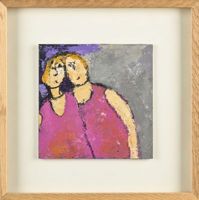 tableau représentant deux femmes en train de parler au téléphone portable, dans un cadre en bois