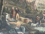 a painting of a man and a woman on horseback by a stream