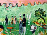 un tableau représentant un groupe de personnes dans un parc