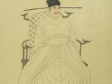 an asian painting of a man sitting on a throne with a sword