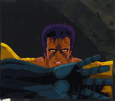 cellule d'animation représentant un homme aux cheveux violets et aux gants noirs tenant une banane