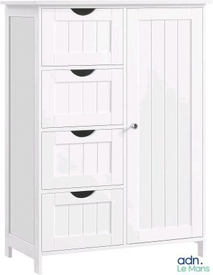 Le meuble blanc comporte quatre tiroirs et une porte.