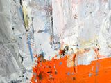 an abstract painting with orange and white paint on it