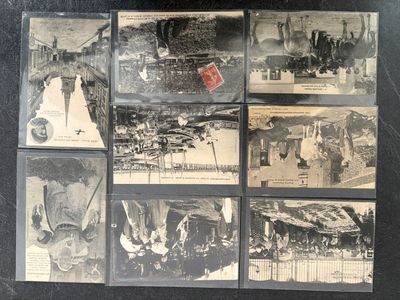 several old black and white photographs of people and animals on a table