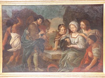 painting of a group of people gathered around a table in a wooded setting