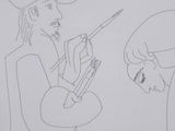 drawing of a man with a knife and a woman with a cowboy hat