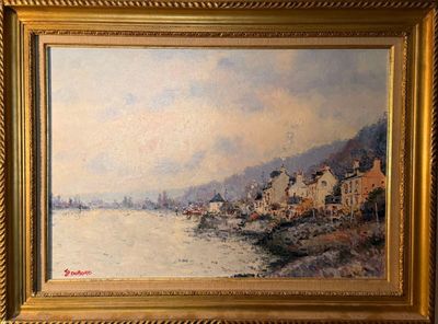 une image d'une peinture d'une ville au bord de l'eau