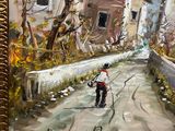 painting of a man riding a bike down a road in front of a house