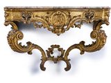 table console ancienne avec un plateau en marbre et un décor à la feuille d'or