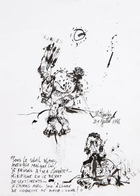 dessin représentant un chien et un chat sur une table