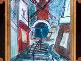 an oil painting of a windmill on a city street in a frame