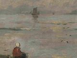 un tableau représentant un homme assis sur un banc au bord de l'eau