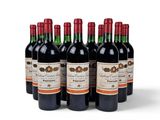 six bottles of red wine lined up in a row