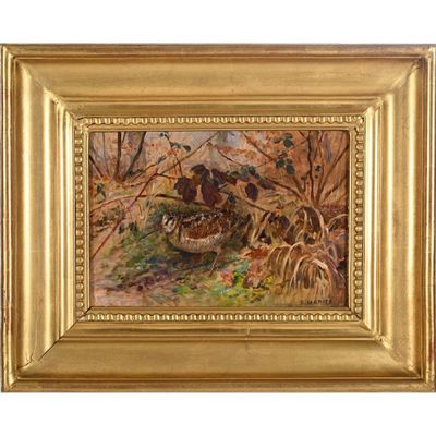 une peinture à l'huile représentant des canards dans un bateau sur une rivière