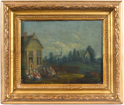 an oil painting of a group of people outside a house
