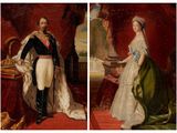two pictures of a painting of a man and a woman in formal clothing