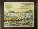 painting of sailboats in the water near rocks and a lighthouse