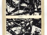 a close up of a black and white painting in a wooden frame