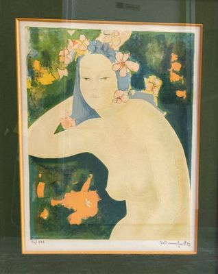 painting of a woman with flowers in her hair in a frame