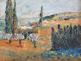 an oil painting of a landscape with trees and a river