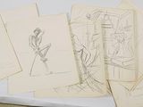 plusieurs dessins représentant une femme en robe et un homme en costume