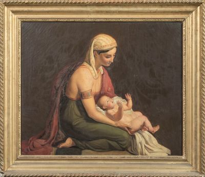 une peinture à l'huile représentant une femme tenant un bébé sur ses genoux