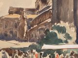 a watercolor painting of a street scene with a clock tower in the background