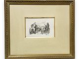 a drawing of two men sitting at a table in a room