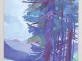 une image représentant un tableau montrant des arbres dans un champ, avec des montagnes en arrière-plan