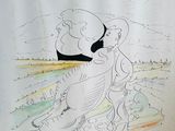 dessin représentant un homme et une femme assis sur une planche de surf dans l'océan